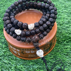 108 Natural Aged Dark Black Rudraksha Seed Mala Prayer Beads with Yak Bone Skull Beads, Sacred Rudraksha Japa Mala, Meditation Mala Rosary