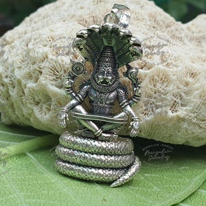 Lord Narsimha Silver Pendant • 925 Silver Hindu God Jewelry • Seated on Sesha Naga with Multi-Headed • Spiritual Vaishnav Gift