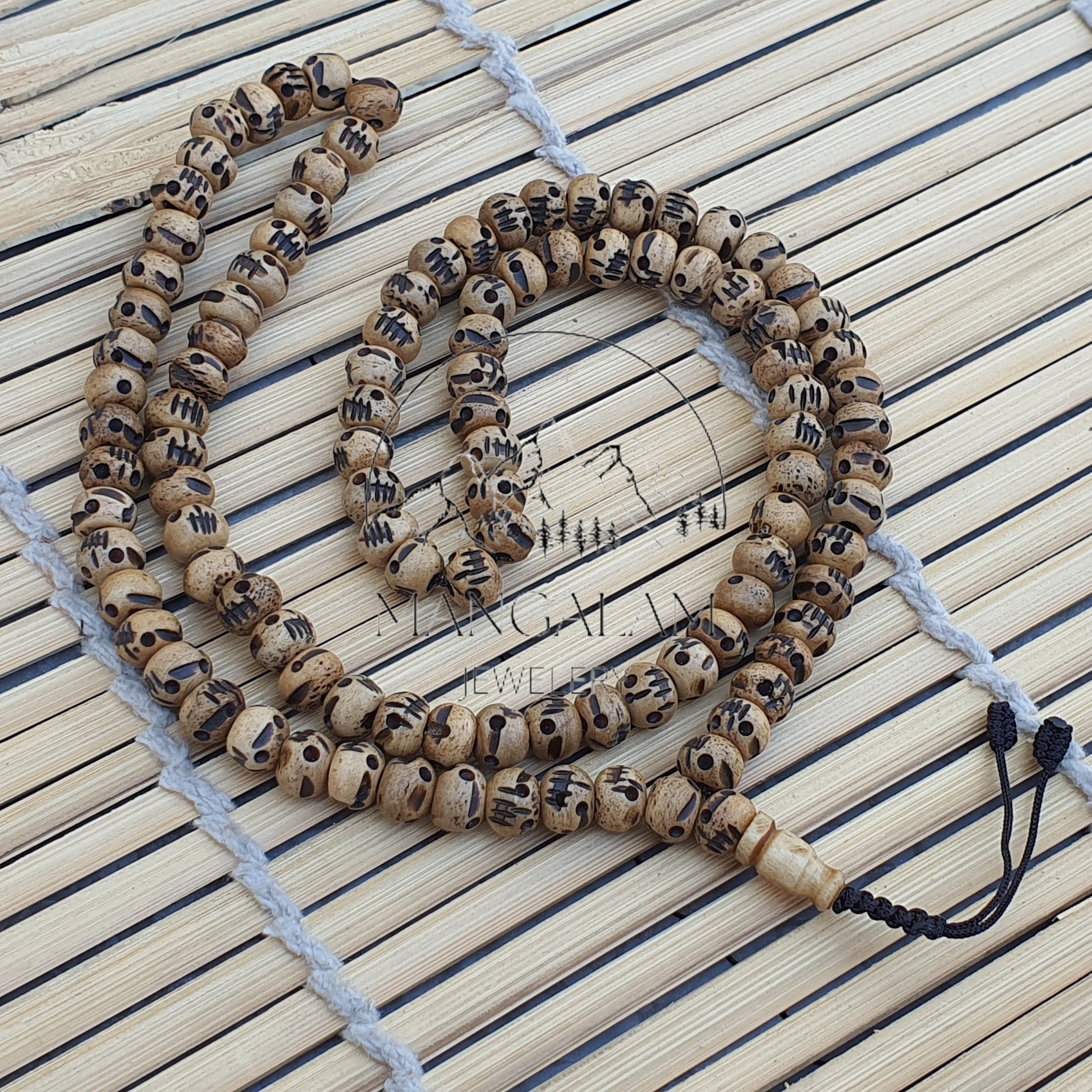 108 Black Skull Prayer Mala - Rounded Hand Carved Natural Yak Bone - Japa Mala Genuine Yak Bone Skull - Kali Mala - Goddess Kali Necklace
