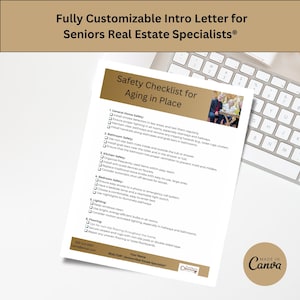 May include: A safety checklist for aging in place with a list of safety tips for general home, bathroom, kitchen, bedroom, lighting, and flooring. The checklist is on a white sheet of paper with a blue border and a key icon in the bottom right corner. The image is on a keyboard background.