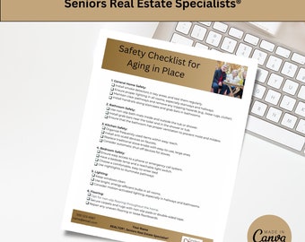 May include: A safety checklist for aging in place with a list of safety tips for general home, bathroom, kitchen, bedroom, lighting, and flooring. The checklist is on a white sheet of paper with a blue border and a key icon in the bottom right corner. The image is on a keyboard background.