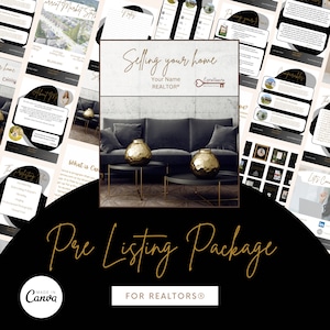 May include: A black and gold pre-listing package for realtors. The package includes a variety of resources to help realtors sell homes, including a market analysis, a pricing guide, and a comparable sales report. The package also includes a section on "Selling Your Home" with the text "Your Name REALTOR® Excellence".