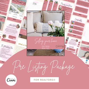May include: A pink and white pre-listing package for realtors. The package includes a marketing plan, pricing guide, comparables, and an "About Me" section. The image also features a cozy living room with a wicker table and a bouquet of white peonies.