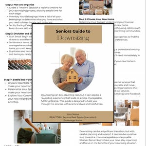Może przedstawiać: Przewodnik dla seniorów dotyczący zmniejszania rozmiaru domu. Przewodnik zawiera kroki dotyczące oceny potrzeb, planowania, uporządkowania, sprzedaży, darowizn, wyboru nowego domu i wprowadzenia się. Przewodnik przedstawia parę trzymającą miniaturowy dom i zdjęcie pudełka na datki.