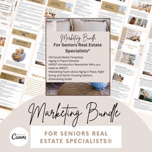 May include: A marketing bundle for Seniors Real Estate Specialists® with a blue and white background. The bundle includes 30 social media templates, an ageing in place checklist, an SRES® introduction newsletter, marketing flyers about ageing in place, right sizing, and senior housing options, and a downsizing guide.