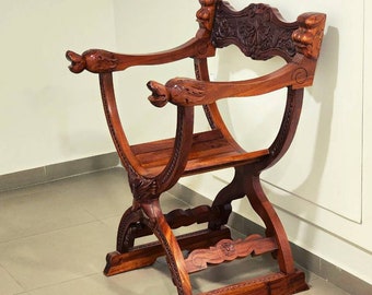 Antique Wooden Chair, Savonarola Chair, Victorian Hand Carved Furniture, 1900s French Walnut Tree