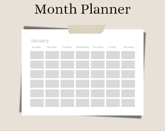Op de afbeelding: Een printbare, niet-gedateerde maandelijkse planner in A4-formaat. De planner heeft een eenvoudig ontwerp met een witte achtergrond en grijze vakjes voor elke dag van de week. De maand januari staat bovenaan de planner.