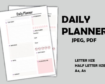 May include: A Daily Planner with a white background and pink accents. The planner includes sections for appointments, meal planning, and daily goals. The text "Daily Planner" is in bold black letters. The planner is available in JPEG and PDF formats.
