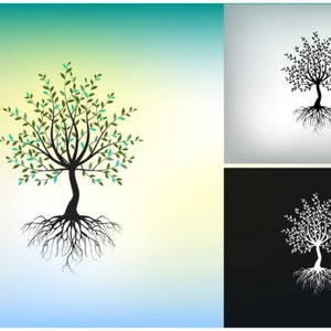May include: An artistic illustration of a tree with a black trunk, branches, and roots. The leaves are green and blue. The background has a gradient of blue, yellow, and green. Additional versions of the tree are displayed in black and white.