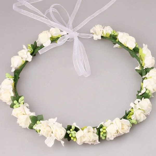 1 couronne de fleur, réglable ficelle et couronne mariage ou 1ère communion bandeau pour enfants et filles coiffures (blanc/beige).