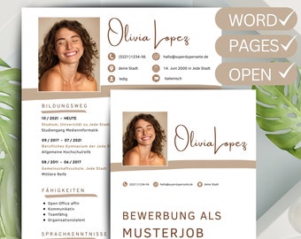 Modern & professional application template design in German, CV for Word, Pages, OpenOffice, with cover page, letter of motivation