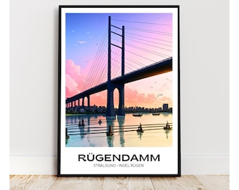 Rügendamm poster in cartoon-stijl | Digitaal bestand & gedrukte poster | Unieke wanddecoratie | Stralsund en Rügen-poster