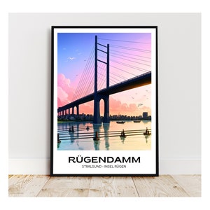 Rügendamm Cartoon-Style Poster | Digitale Datei & Gedrucktes Poster | Einzigartige Wanddekortion | Stralsund und Rügen Poster