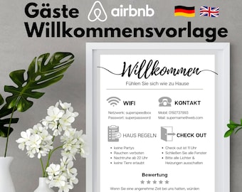 Gäste Willkommensschild Vorlage für Airbnb und Booking.com Ferienwohnung in Deutsch und Englisch, Wifi Schild und Check-out Anweisung