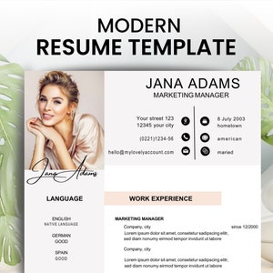 Plantilla de CV Word 2022, Plantilla de CV profesional con foto, Diseño moderno, Plantilla creativa en inglés, Carta de presentación gratuita para gerente