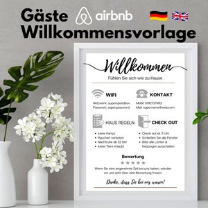 Szablon znaku powitalnego dla gości wynajmu wakacyjnego na Airbnb i Booking.com w języku niemieckim i angielskim, znak Wi-Fi i instrukcje dotyczące wymeldowania