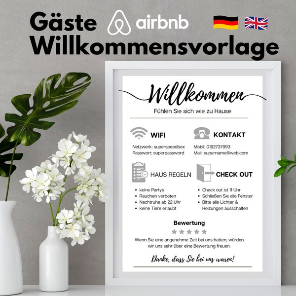 Plantilla de cartel de bienvenida para huéspedes para alquileres vacacionales de Airbnb y Booking.com en alemán e inglés, cartel de WiFi e instrucciones de salida