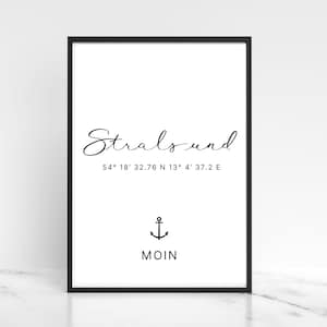 Affiche Stralsund avec coordonnées GPS, paysage urbain, affiche de la ville, image pour la maison, appartement de vacances ou comme cadeau, DIN A4, DIN A3, Pdf & Png