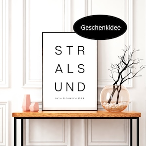 Stralsund Poster mit GPS Koordinaten, Städtebild, Stadtposter, Bild für Zuhause, Ferienwohnung oder als Geschenk, DIN A4, DIN A3, Pdf & Png