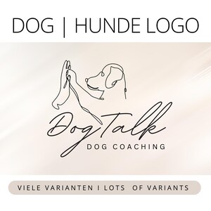 Peut inclure: Logo minimaliste avec un dessin au trait d'un chien faisant un high-five à une main humaine. Les mots "Dog Talk Dog Coaching" sont écrits en police script. Le texte "DOG | HUNDE LOGO" est en haut.