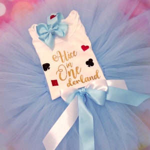 Baby Girl First 1st Birthday Outfit Alice in Onederland Wonderland Cake Smash Party Dress Fluffy Tutu Frilly Photo Shoot Smash Cake Bow