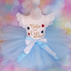 Girl 1st First Birthday Outfit Onederland Wonderland Party Dress Fluffy Puffy Tutu Age One Decoration Decor Luxury Bespoke Unique Alice