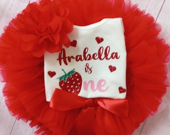 Baby Girl First 1st Birthday Outfit Strawberry Sweet One Cake Smash Party Dress Fluffy Tutu Frilly Knickers Photo Shoot Tiara Smash Cake red