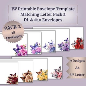 Peut inclure: Ensemble de modèles d'enveloppes imprimables avec des motifs floraux et de papillons. Les enveloppes présentent des illustrations à l'aquarelle de roses et de papillons de différentes couleurs. Le texte indique "JW Printable Envelope Template Matching Letter Pack 2 DL & #10 Envelopes".