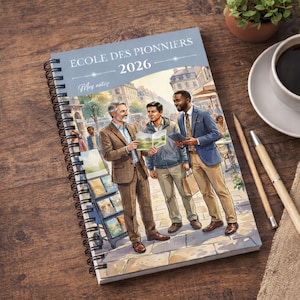 Puede incluir: Cuaderno con espiral con el texto "ECOLE DES PIONNIERS 2026" y "Mes notes" en la portada. La ilustración de la portada representa a tres hombres mirando un mapa en un entorno urbano europeo. El cuaderno está sobre una superficie de madera.