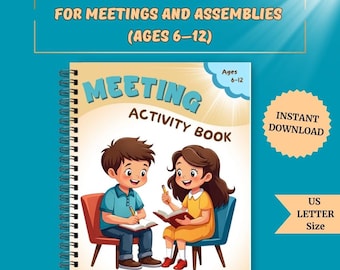May include: A spiral-bound activity book titled "MEETING ACTIVITY BOOK" with the text "KIDS' ACTIVITY BOOK FOR MEETINGS AND ASSEMBLIES (AGES 6-12)". The cover features cartoon children and the text "For Jehovah's Witness Kids". Includes "INSTANT DOWNLOAD" and "US LETTER Size" text.
