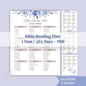 Peut inclure: Un plan de lecture biblique imprimable pour un an, 365 jours, au format PDF. Le design présente un motif floral aquarelle dans les tons de bleu. Le plan est organisé par semaines et comprend les formats US Letter et A4.
