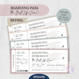 May include: Printable boarding pass cards in pastel colors. Each card features the text "BOARDING PASS" and "The Best Life Ever!" with a world map and airplane graphic. Cards measure 7.87 x 3.31 inches.