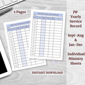 May include: Two printable JW Yearly Service Record sheets, Sept-Aug and Jan-Dec, with blue and white grid layouts. Text includes "2 Pages", "Instant Download", and "Individual Ministry Sheets". The sheets are designed for tracking hours and studies.
