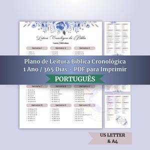 Puede incluir: Un plan de lectura bíblica en portugués, disponible como PDF imprimible, diseñado para un estudio de un año. El diseño incluye decoraciones florales azules y horarios semanales. Disponible en formatos US Letter y A4.