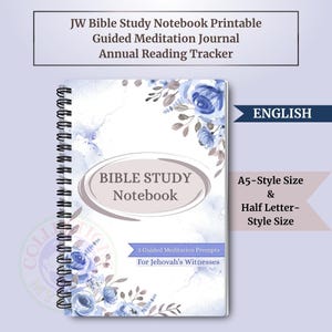 May include: A spiral-bound Bible study notebook with a floral design in shades of blue and white. The cover features the text "Bible Study Notebook" and the notebook is labeled as A5-Style Size & Half Letter-Style Size. The notebook includes guided meditation prompts.