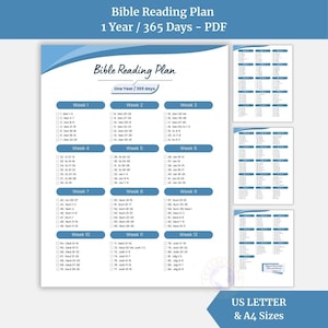 Peut inclure: Un plan de lecture biblique PDF pour un an, avec 365 jours, aux formats US Letter et A4. Le plan est organisé par semaines, chaque semaine énumérant les chapitres à lire. Le design comprend un code couleur bleu et blanc.