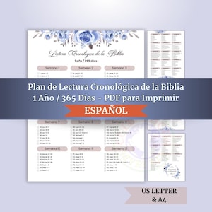 Peut inclure: Un document PDF imprimable avec un motif floral bleu. Le document est intitulé "Plan de Lectura Cronológica de la Biblia" en espagnol, avec un plan de lecture d'un an/365 jours. Comprend des calendriers de lecture hebdomadaires et des options pour les formats US Letter et A4.