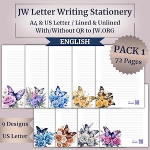 Op de afbeelding: Briefpapierpakket met 72 gelinieerde pagina's. Het briefpapier heeft negen ontwerpen met bloemen- en vlinderillustraties in verschillende kleuren. De tekst op het briefpapier luidt "JW Letter Writing Stationery" en "US Letter".
