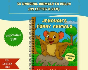 Può includere: Un libro da colorare per bambini intitolato "Jehovah's Funny Animals" con un pipistrello dei cartoni animati sulla copertina. Il libro è etichettato come "Kids Coloring Book" e "50 Unusual Animals to Color" ed è in formato US Letter (21,6 x 27,9 cm). Un cerchio verde dice "PDF stampabile".