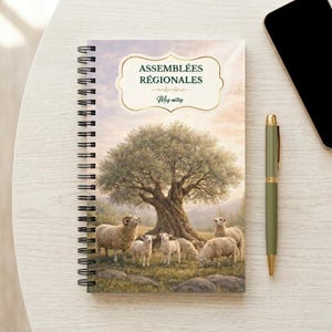 Könnte beinhalten: Ein spiralgebundenes Notizbuch mit einer pastoralen Szene mit Schafen unter einem großen Baum. Das Cover trägt den Text "ASSEMBLÉES RÉGIONALES" in einem goldenen Rahmen. Ein grüner Stift und ein Smartphone liegen neben dem Notizbuch.