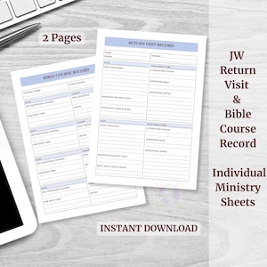 Op de afbeelding: Twee afdrukbare registratiebladen voor individueel gebruik in de bediening. De bladen bevatten een "Bijbelcursusverslag" en een "Terugbezoekverslag" met velden voor notities, data en onderwerpen. De tekst "Direct downloaden" is zichtbaar.