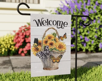 Bandera de jardín de girasoles de bienvenida: decoración de verano para exteriores (30 x 45 cm)