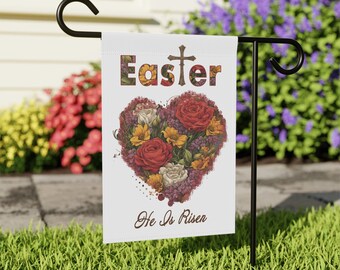 Easter Garden Flag: Floral Heart, He is Risen, Outdoor Decor