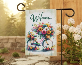 Banner da giardino di benvenuto con bici e fiori, bandiera da giardino, regalo per la mamma, regalo di giardinaggio, regalo per la festa della mamma, bandiera del giardino di benvenuto con fiori