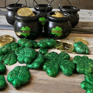 May include: Four black plastic pots with gold coins and green shamrock stickers. The pots are labeled "Mike" and "Morgan". Green glitter shamrocks are scattered around the pots.