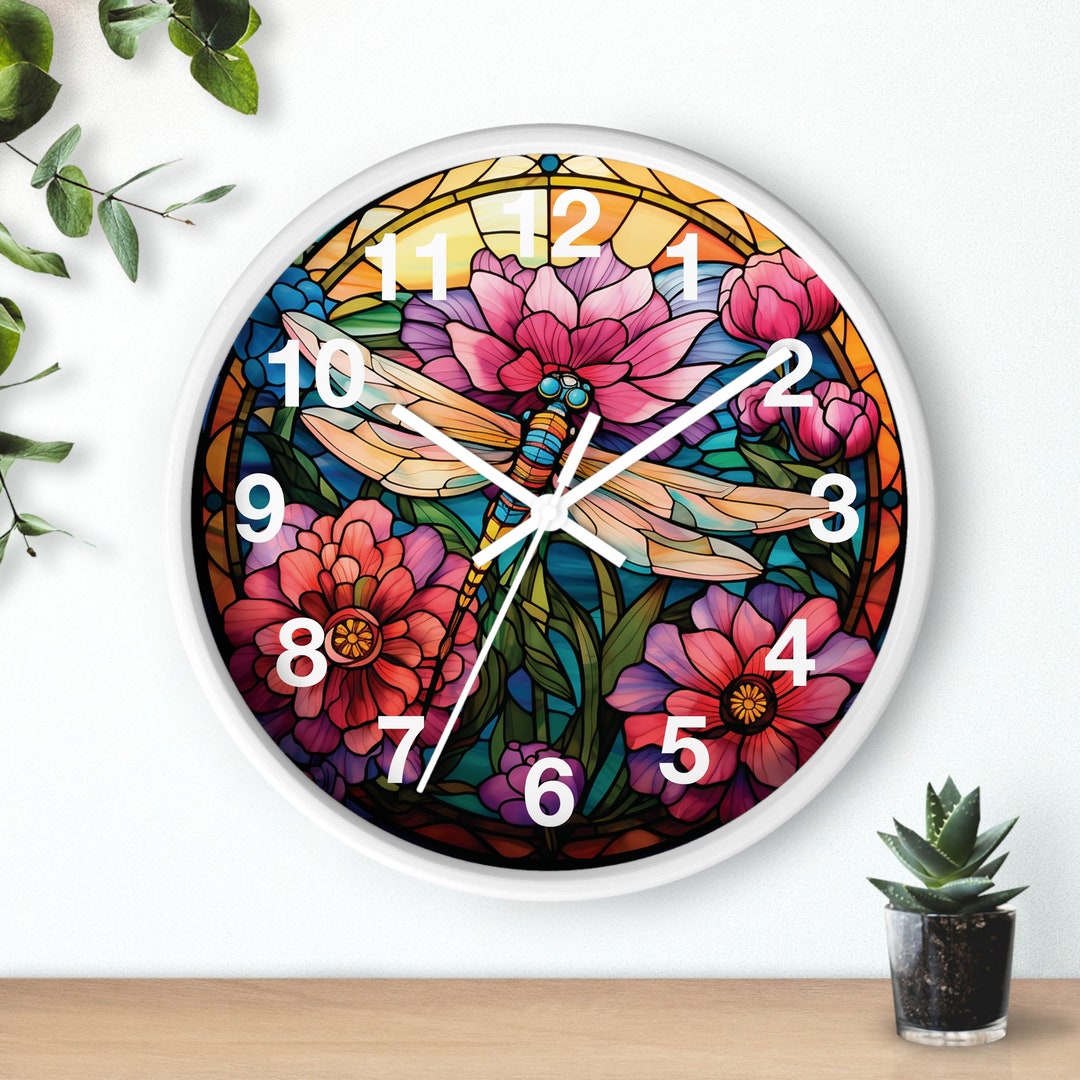 Dragonfly Clock Roses Stained Glass Look Dragonfly Wall Clock: Silent Home Decor - Etsy