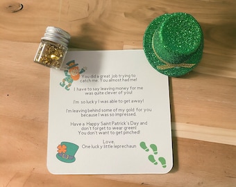 Or de lutin avec chapeau, pot de lutin en or, cadeau de la Saint-Patrick pour les enfants, chapeau de lutin, note de lutin, décoration de la Saint-Patrick