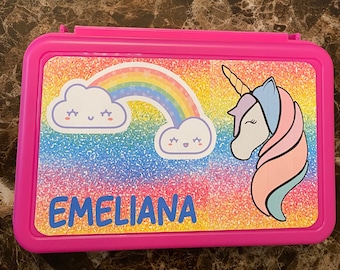 Customized pencil box, back to school supplies, Personalized Pencil Box, Kindergarten, Snack Box, School supply box, unicorn, rainbows