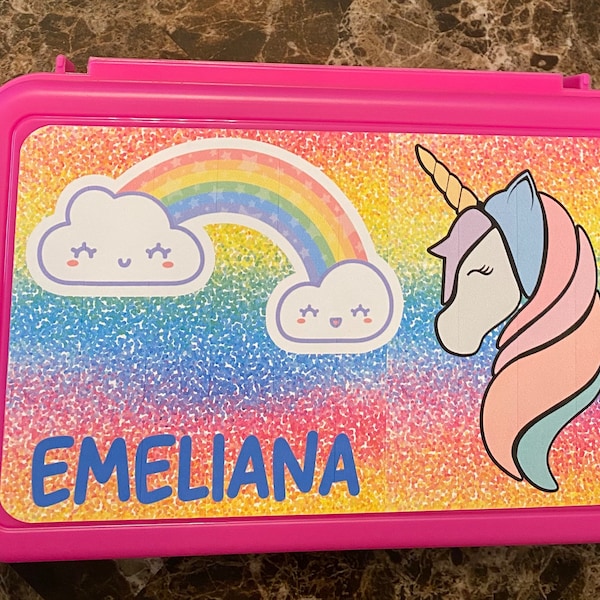 Customized pencil box, back to school supplies, Personalized Pencil Box, Kindergarten, Snack Box, School supply box, unicorn, rainbows