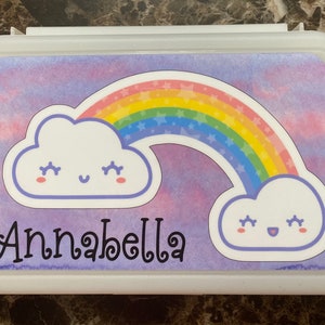 Customized pencil box, back to school supplies, Personalized Pencil Box, Kindergarten, Snack Box, School supply box, rainbows, clouds